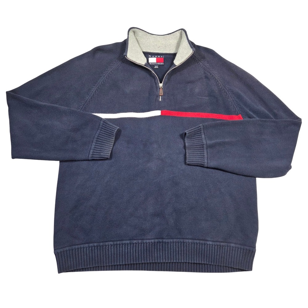 Tommy Hilfiger Mens XL Quarter Zip Sweater Y2k Preppy Flag Stripe Cotton Knit